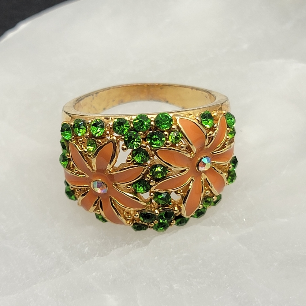 Vintage Wide Band Floral Rhinestone Ring Size 12 ½